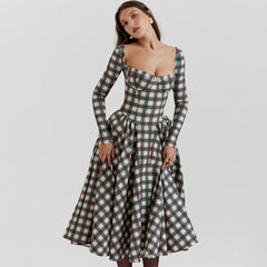 Vestido midi plisado de manga larga de invierno con estampado de tartán estilo bustier vintage