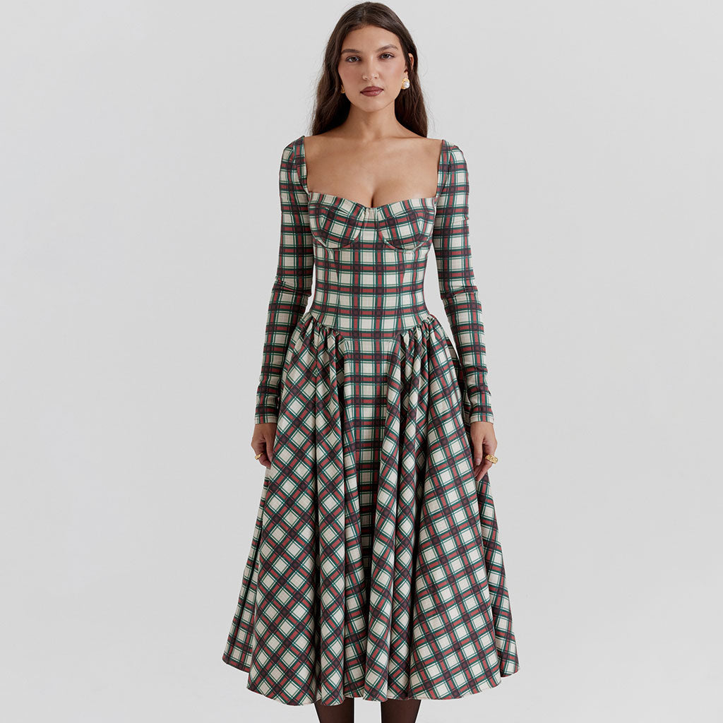 Vintage Bustier Tartan Pattern Pleated Winter Long Sleeve Midi Dress