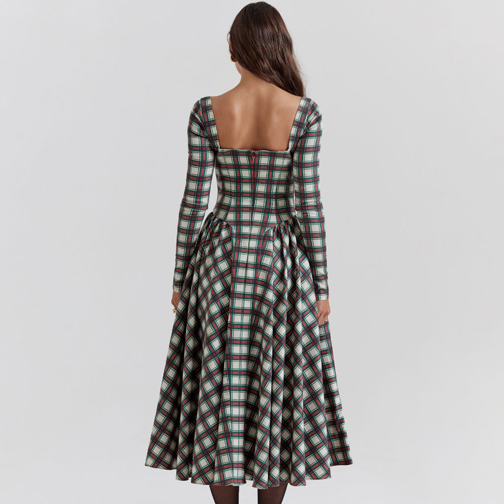 Vintage Bustier Tartan Pattern Pleated Winter Long Sleeve Midi Dress