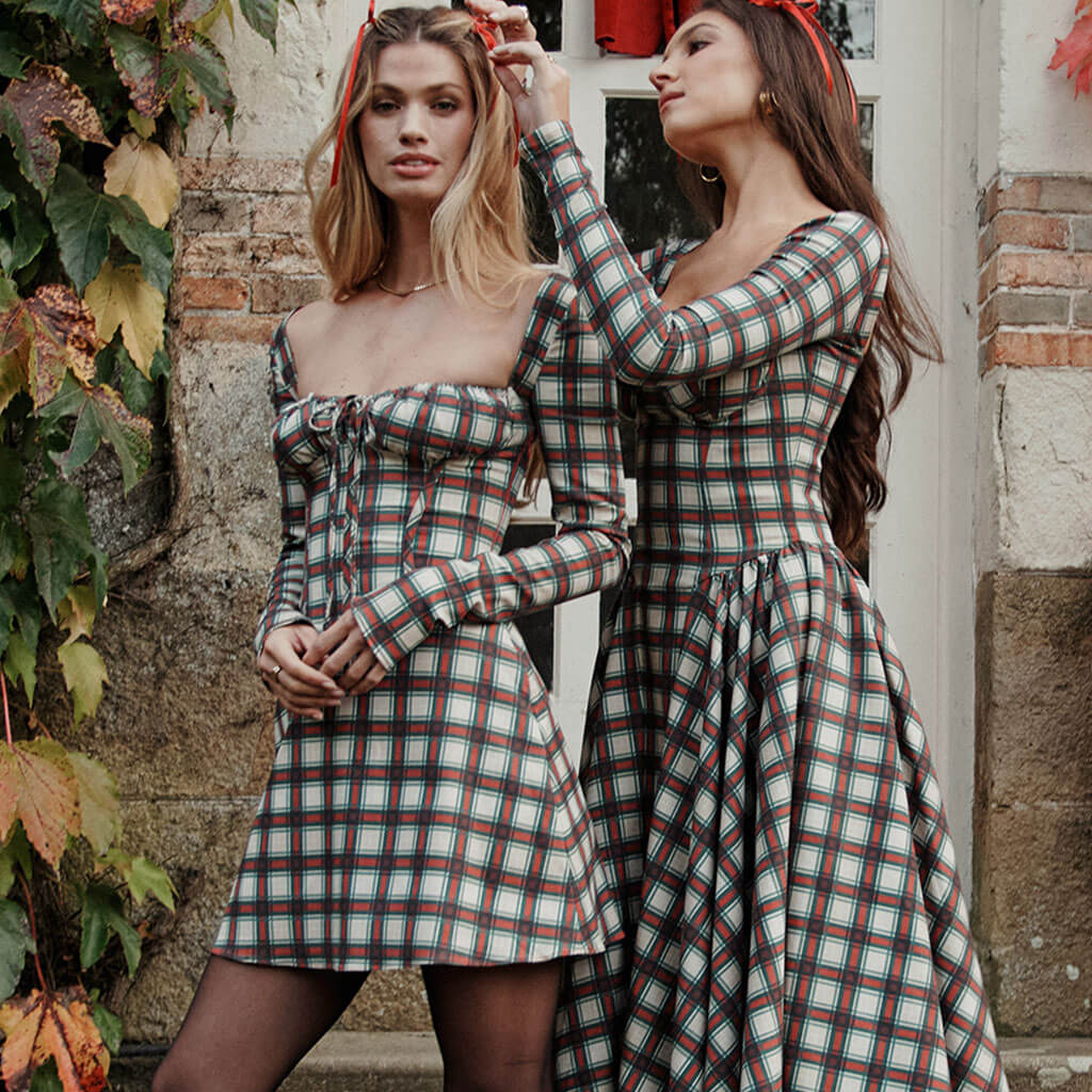 Vintage Bustier Tartan Pattern Pleated Winter Long Sleeve Midi Dress