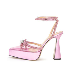 Crystal Bow Detail Clear Pointed Toe Sculpted Heel Platform Pumps - Pink