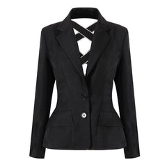 Crystal Bow Detail Criss Cross Cutout Single Breasted Peplum Blazer- Black