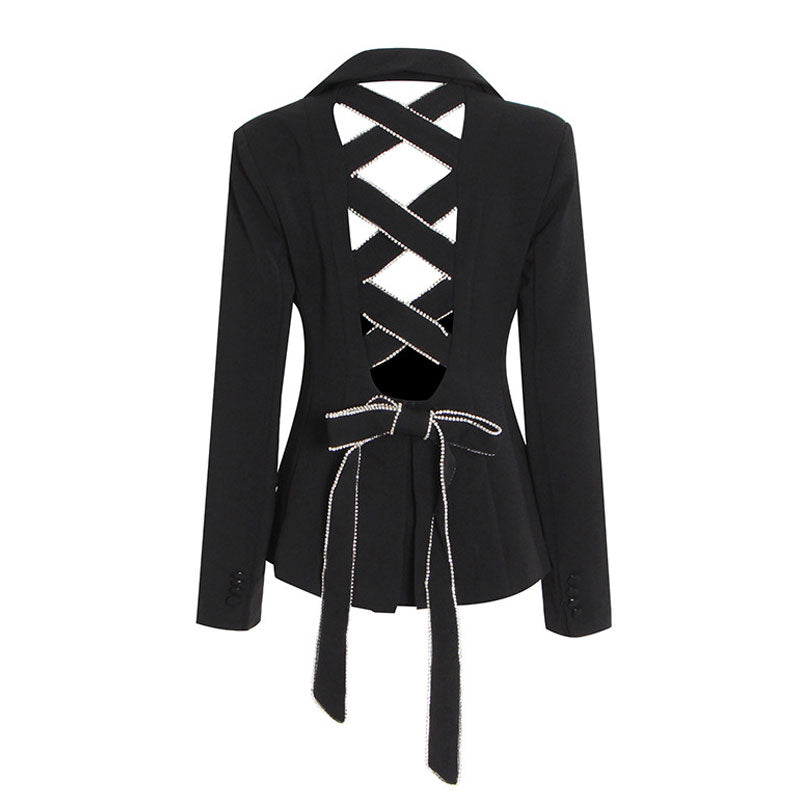 Crystal Bow Detail Criss Cross Cutout Single Breasted Peplum Blazer- Black