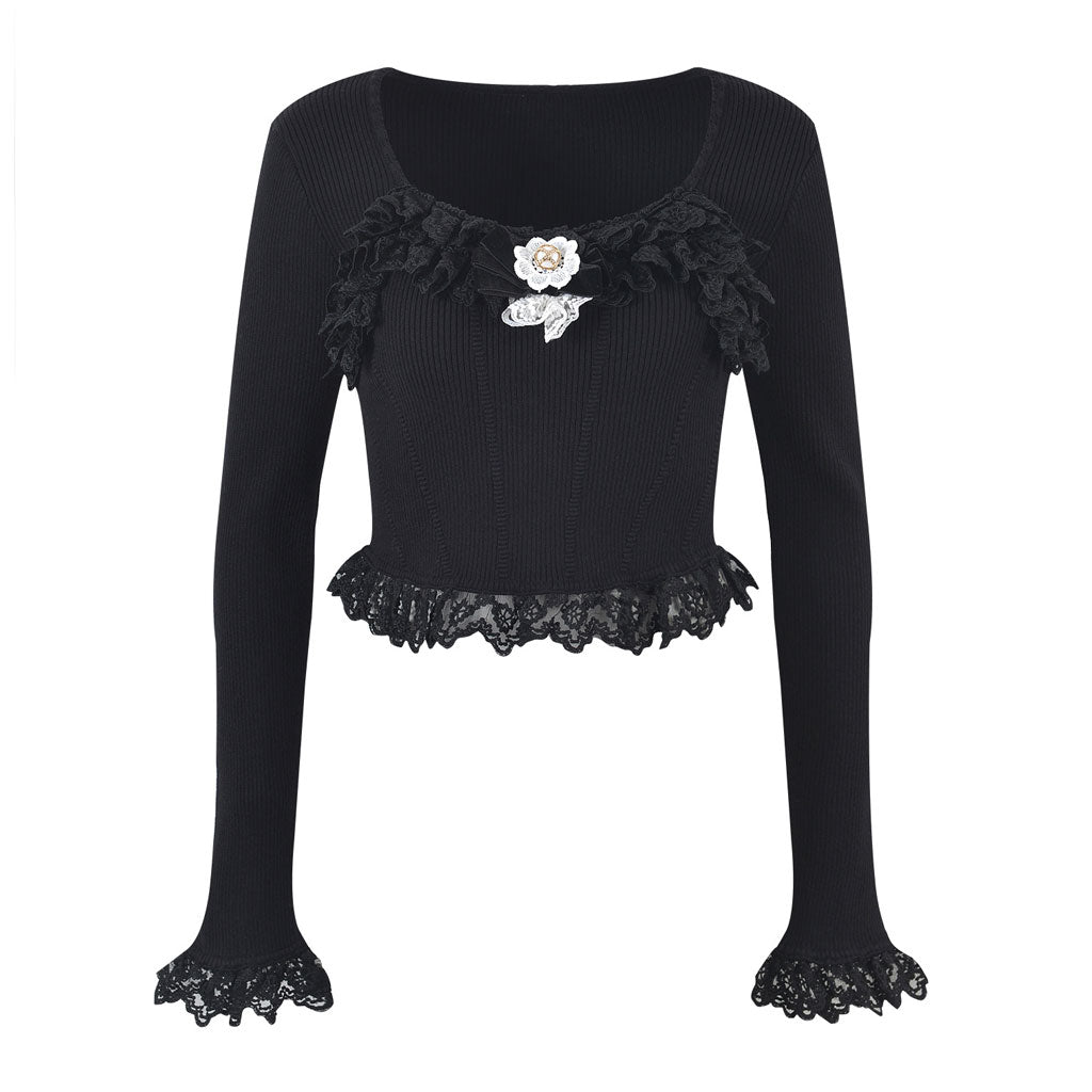 Cute Bow Trim Scoop Neck Lace Detail Long Sleeve Cropped Rib Knit Top