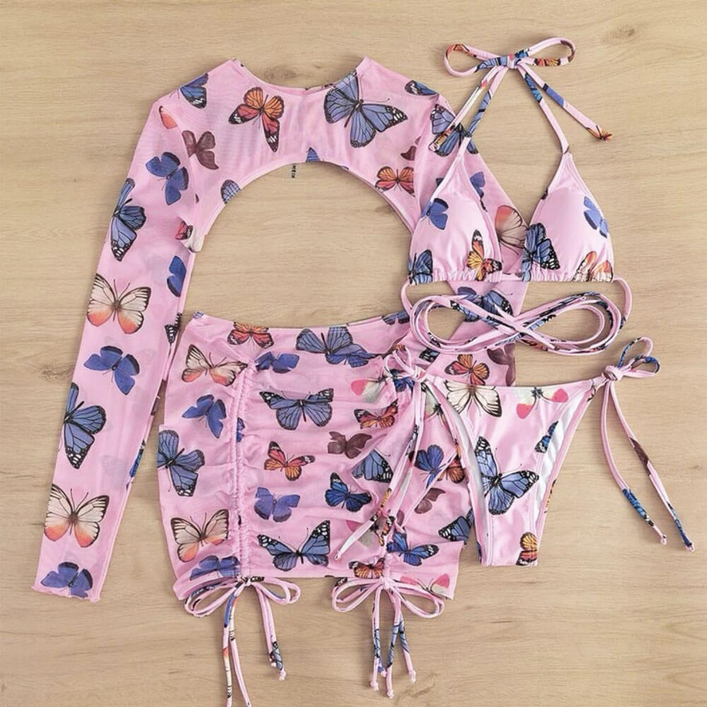 Traje de baño bikini brasileño de cuatro piezas con estampado de mariposas