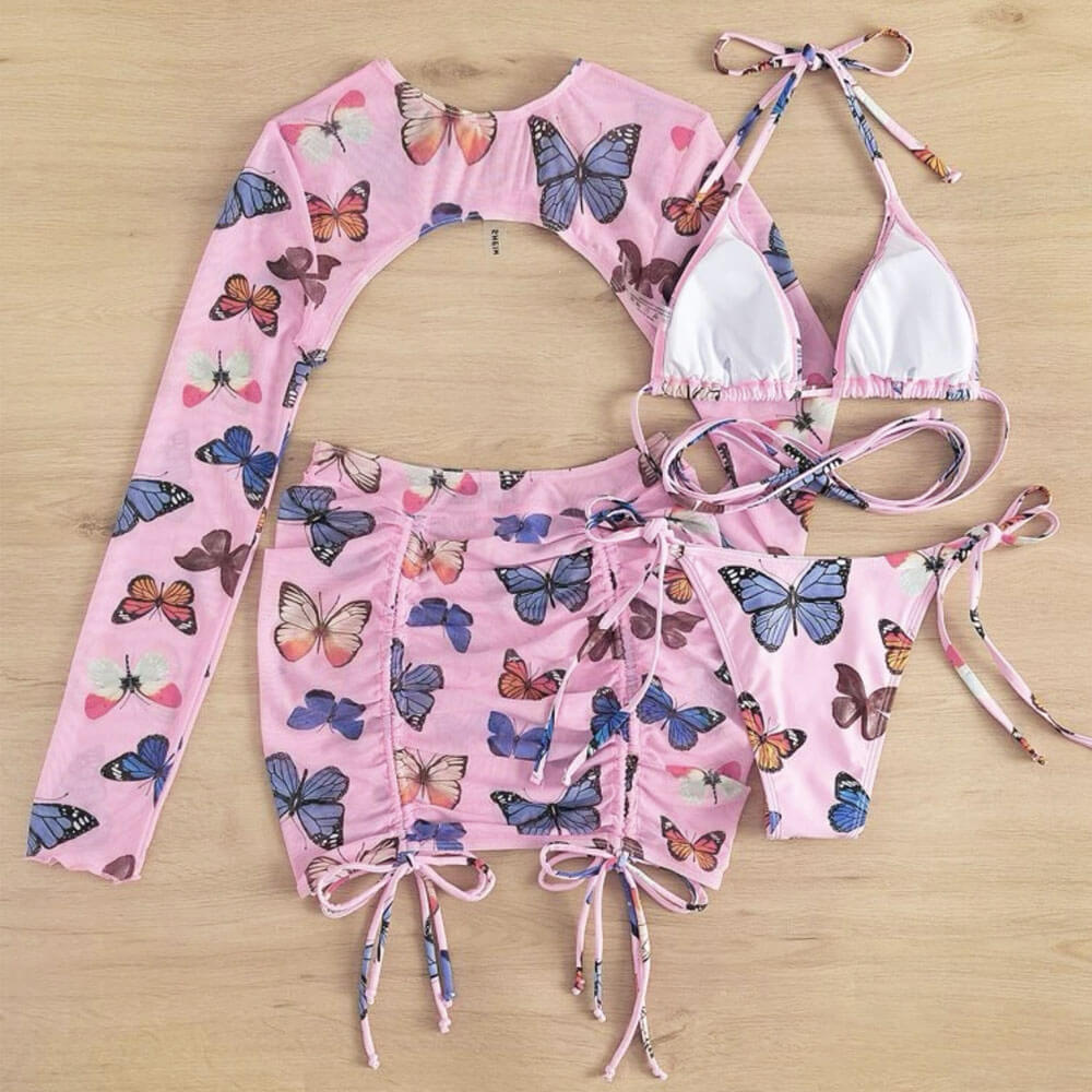 Traje de baño bikini brasileño de cuatro piezas con estampado de mariposas