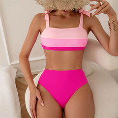 Cute Contrast Moderate High Waist Tie Shoulder Brazilian Two Piece Bikini Swimsuit