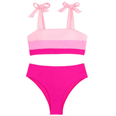 Cute Contrast Moderate High Waist Tie Shoulder Brazilian Two Piece Bikini Swimsuit