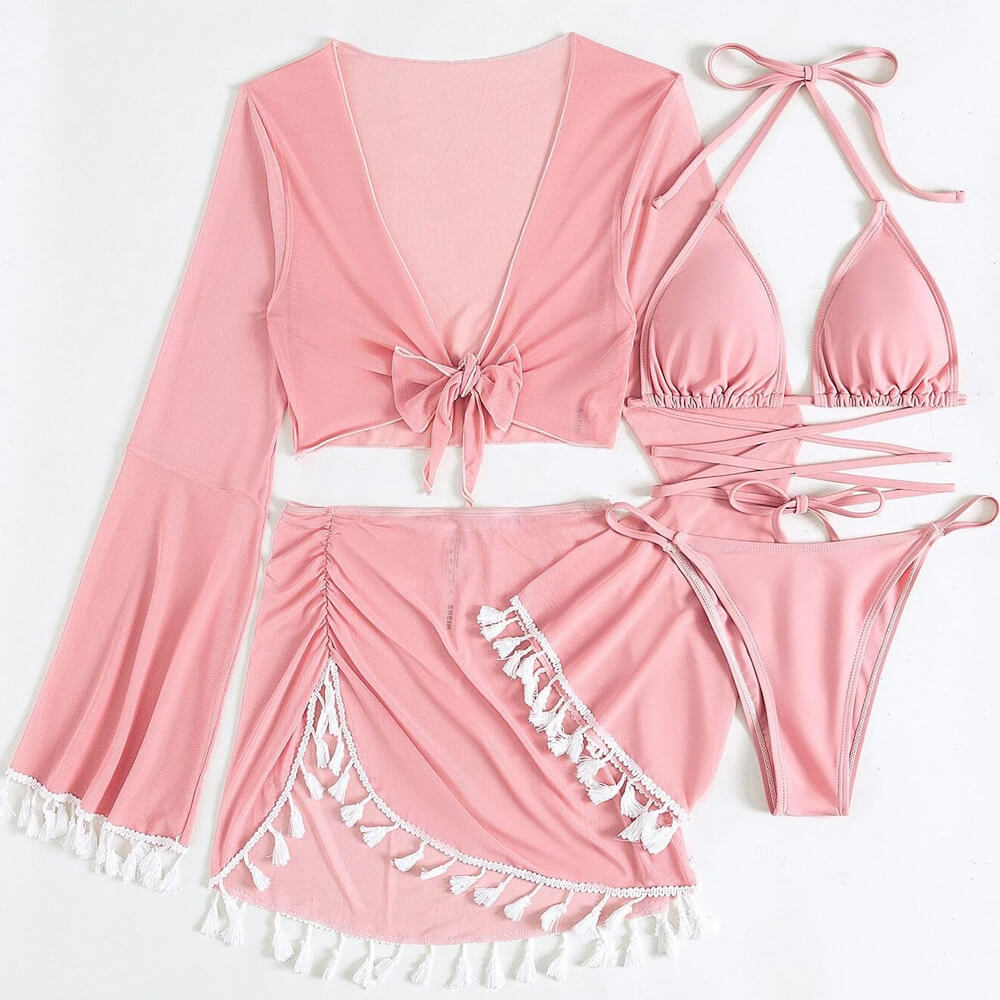 Cute Fringe Wrap String Slide Triangle Brazilian Four Piece Bikini Swimsuit