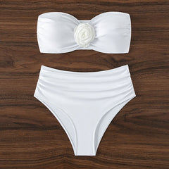 Cute Rosette High Waist Moderate Bandeau Brazilian Two Piece Bikini Swimsuit