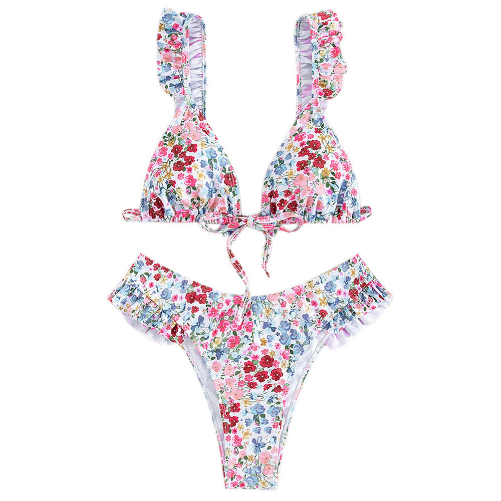 Süßer brasilianischer zweiteiliger Bikini-Badeanzug mit Rüschen und Fliege vorne, Blumenmuster und Dreieck