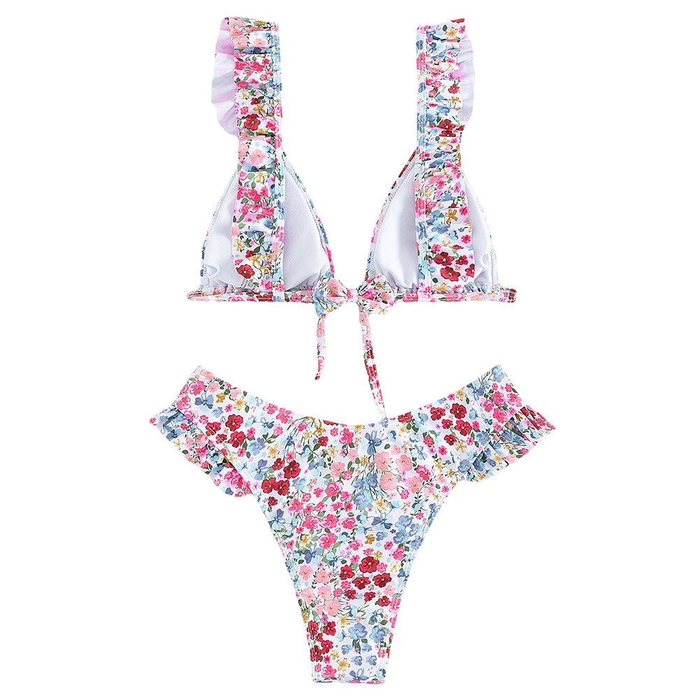 Süßer brasilianischer zweiteiliger Bikini-Badeanzug mit Rüschen und Fliege vorne, Blumenmuster und Dreieck