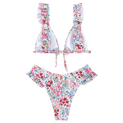 Lindo traje de baño bikini brasileño de dos piezas con diseño de triángulos y lazo frontal con volantes y estampado floral