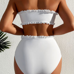 Süßer brasilianischer zweiteiliger Bandeau-Bikini-Badeanzug mit Rüschen und hoher Taille