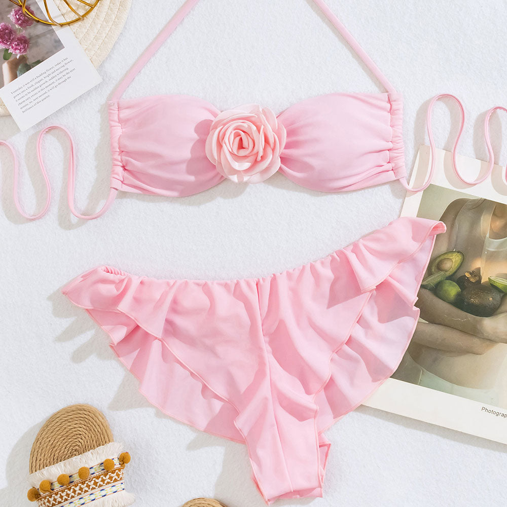 Cute Ruffle Moderate Rosette Trim Bralette Brazilian Two Piece Bikini Swimsuit