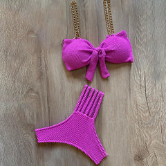 Solid Color Bow Chain Split Bikini