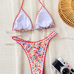 Daisy Floral Crochet Cut Out Triangle Halter Brazilian Two Piece Bikini Swimsuit