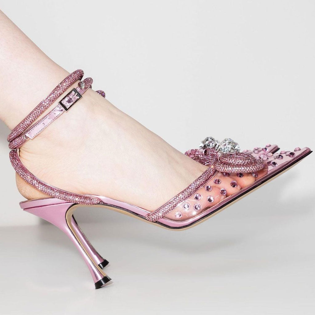 Zapatos de tacón de aguja con punta puntiaguda y lazo transparente con cristales deslumbrantes - Rosa