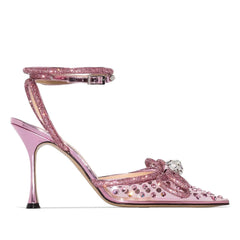 Zapatos de tacón de aguja con punta puntiaguda y lazo transparente con cristales deslumbrantes - Rosa