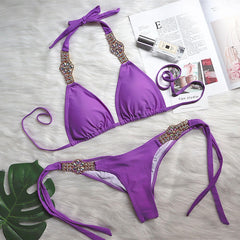 Brasilianischer zweiteiliger Bikini-Badeanzug mit schillerndem Kristall-Scrunch-Back-Schiebedesign