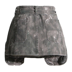 Deconstructed Cargo Pocket Distressed Print Belted High Waist Denim Mini Skirt