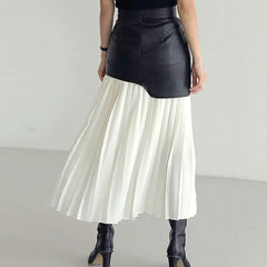 Deconstructed High Rise Vegan Leather Layered Midi Pleated Skirt - White