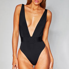 Deep V Neck High Leg Belted Brazilian One Piece Swimsuit