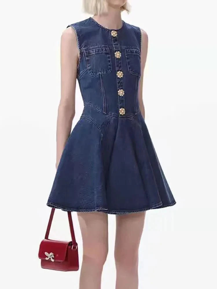 Denim Mini Dress with Fluted Pleated Skirt