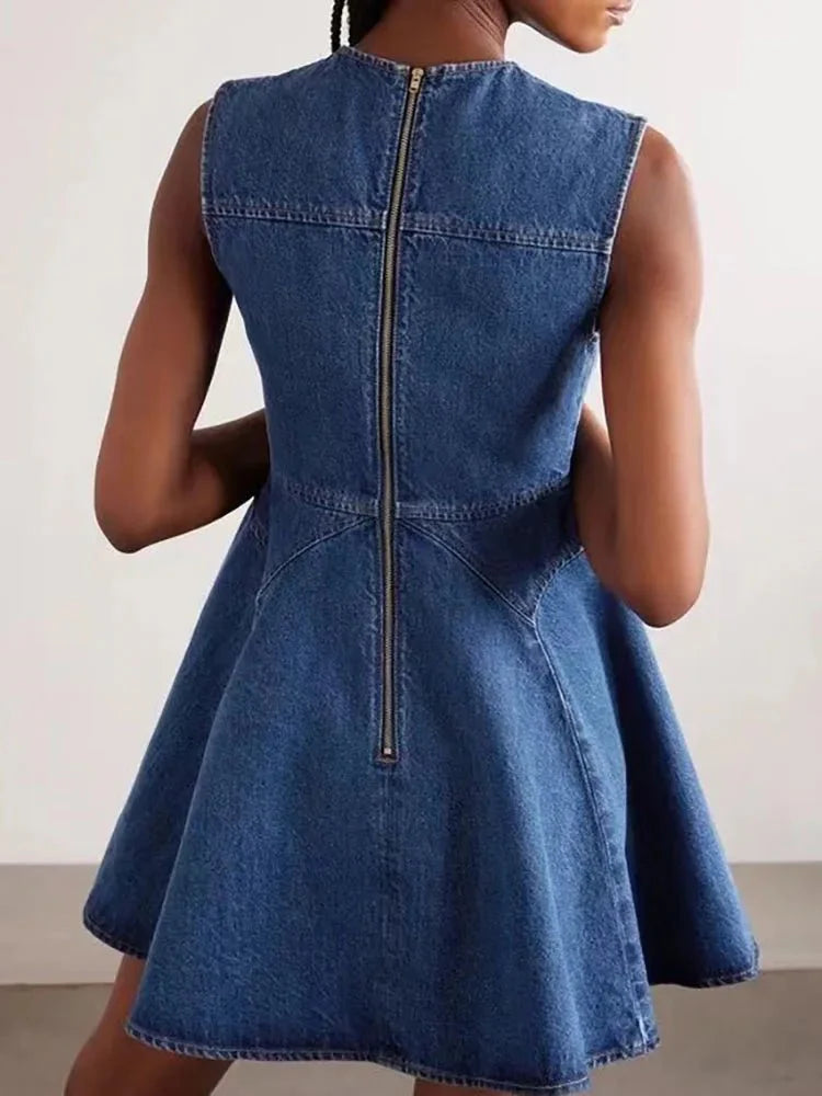 Denim Mini Dress with Fluted Pleated Skirt