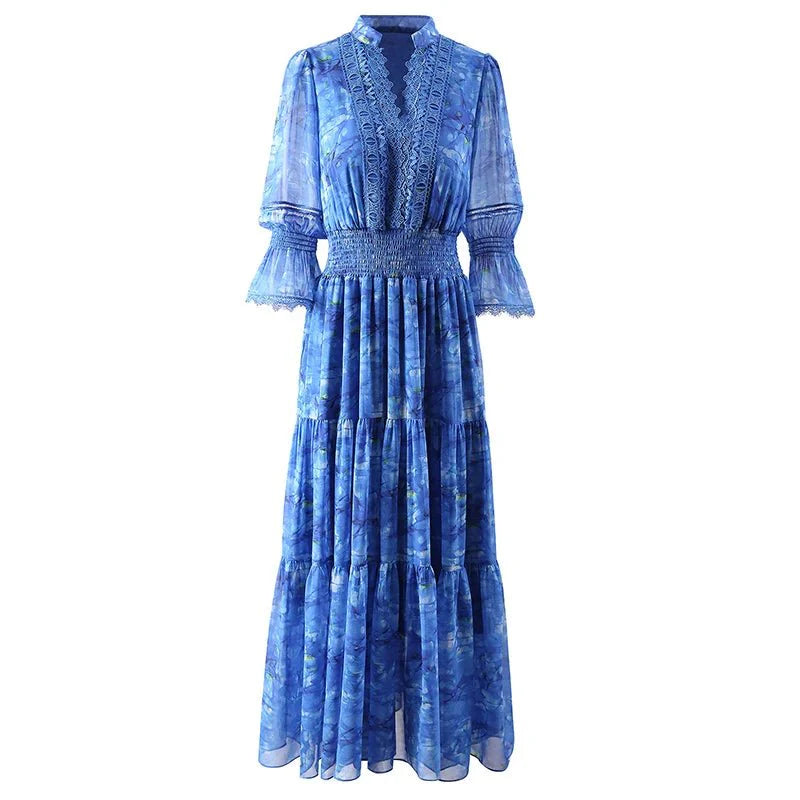 Vestido de verano con estampado floral de encaje y mangas acampanadas con escote en V