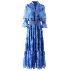 Vestido de verano con estampado floral de encaje y mangas acampanadas con escote en V