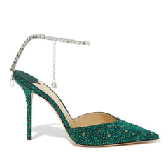 Zapatos de tacón alto con punta puntiaguda y tira al tobillo de diamante - Verde esmeralda