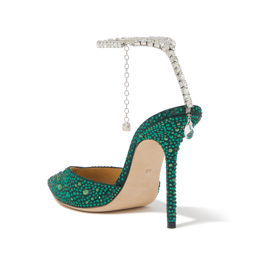 Zapatos de tacón alto con punta puntiaguda y tira al tobillo de diamante - Verde esmeralda