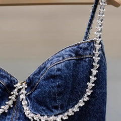 Diamond Denim-Minikleid mit herzförmigem Ausschnitt und Spaghettiträgern