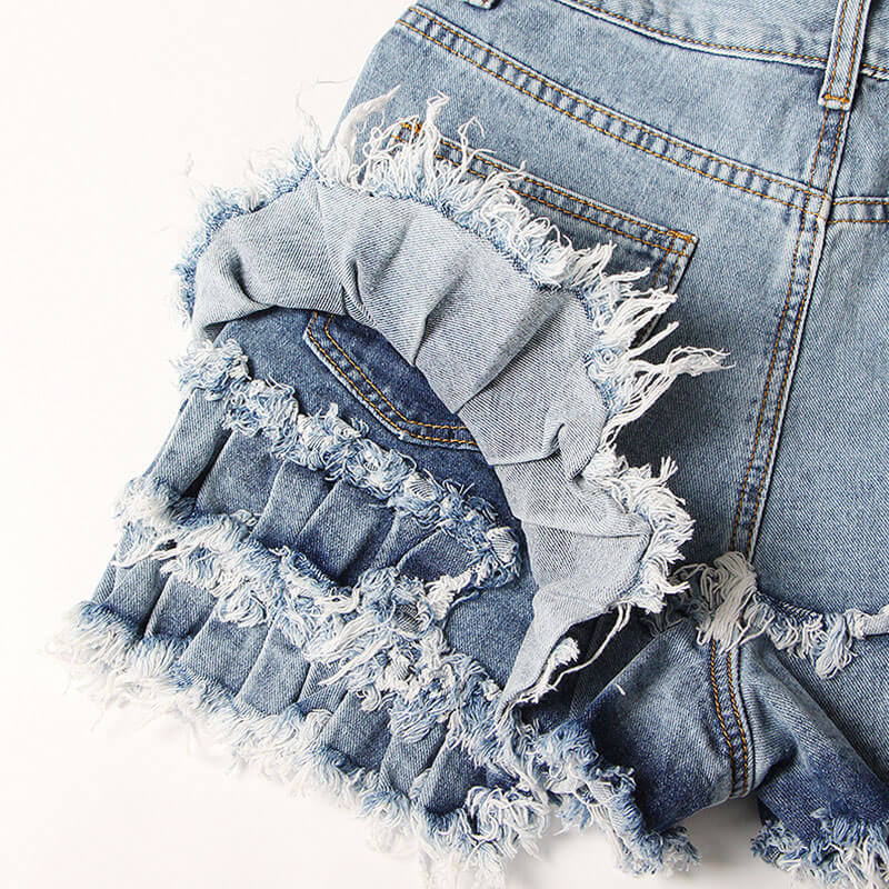 Distressed Frayed Detail Tiered Ruffle Trim High Waist Denim Shorts