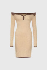 Off Shoulders Knitted Short Dress - Brown