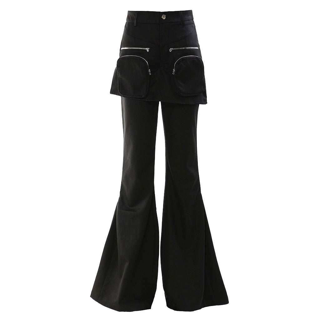 Dramatic High Waist Metallic Zipper Cargo Pocket Layered Flared Pants