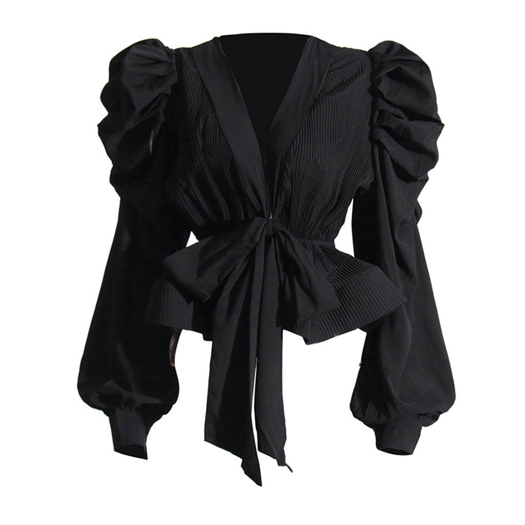 Dramatic Puff Sleeve V Neck Tie Front Pleated Chiffon Peplum Blouse