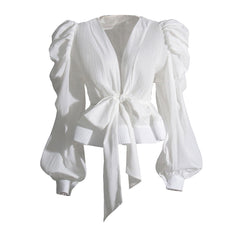 Dramatic Puff Sleeve V Neck Tie Front Pleated Chiffon Peplum Blouse