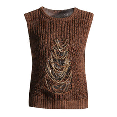 Drapierte Weste aus meliertem Brioche-Rippstrick mit Distressed-Front und metallischer Kette - Braun