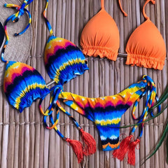 y bikini con borlas con estampado de arcoíris personalizado 