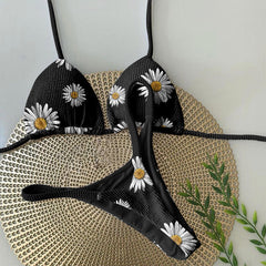 Kleiner frischer Sling-Bikini mit Chrysanthemen-Print