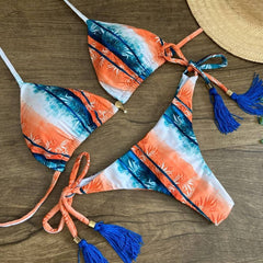 Bikini con borlas y hojas divididas en bloques de color 