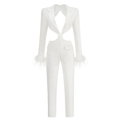 Edge Lapel Collar Cutout Feather Trim Long Sleeve Padded Backless BlazerJumpsuit