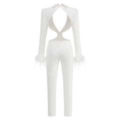 Edge Lapel Collar Cutout Feather Trim Long Sleeve Padded Backless BlazerJumpsuit