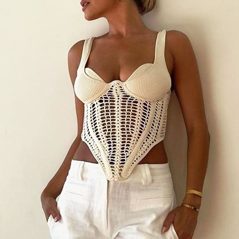 Edgy Sweetheart Neck Suspender Strap Crochet Knit Corset Crop Top