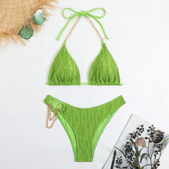 Edgy Textured Metal Chain Slide Triangle Halter Brazilian Two Piece Bikini Swimsuit