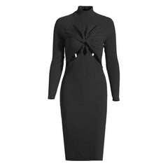 Vestido midi de punto acanalado con cuello alto, manga larga y abertura frontal con giro atrevido - Negro