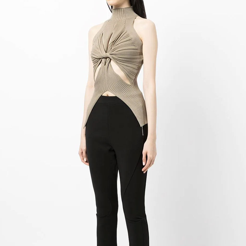 Edgy Twisted Cutout Front High Neck Racer Back Ribbed Knit Tank Top - Khaki