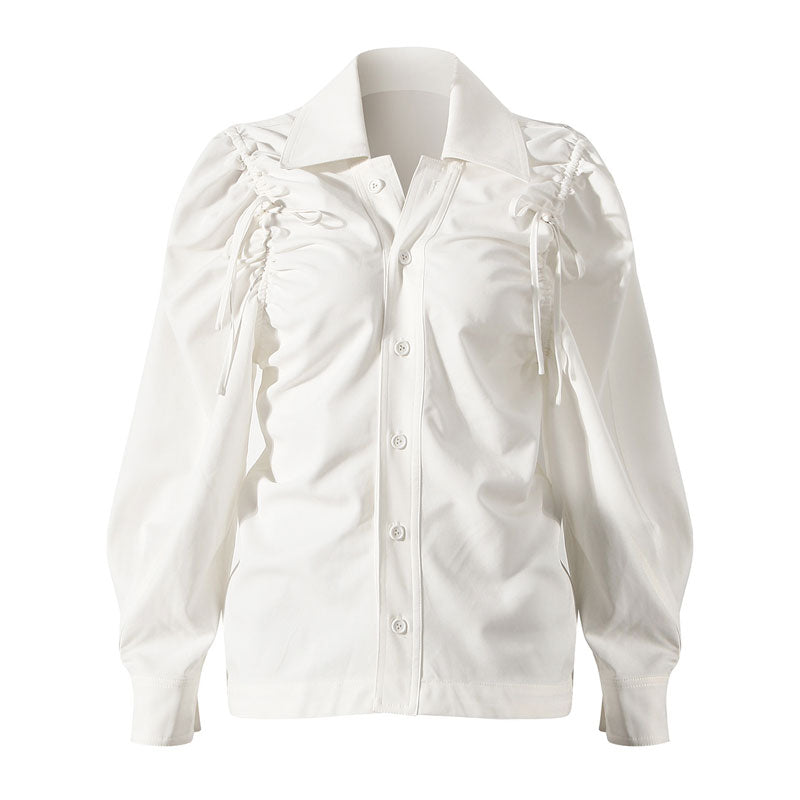 Elegant Drawstring Ruched Collared Long Sleeve Button Up Shirt